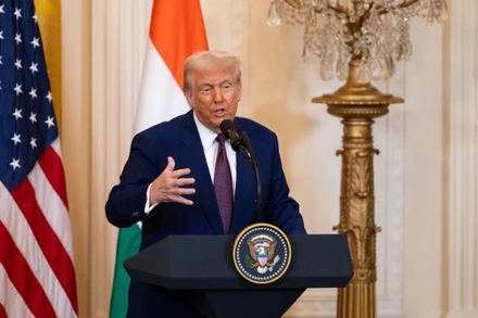 Tổng thống Mỹ Donald Trump dự họp báo tại Nhà Trắng ở Washington D.C. ngày 13/2/2025. (Ảnh: Tân Hoa xã)