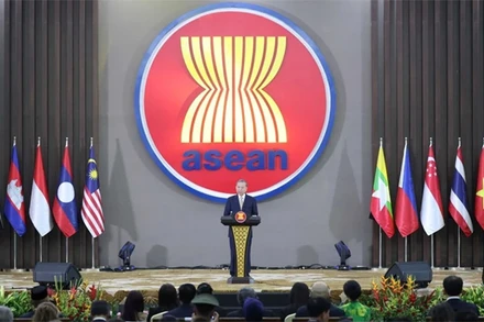 Tổng Bí thư Tô Lâm phát biểu chính sách tại lễ kỷ niệm 30 năm Việt Nam gia nhập ASEAN. (Ảnh THỐNG NHẤT/TTXVN)