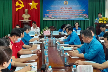 Quang cảnh hội thảo nâng cao năng lực cho cán bộ công đoàn trong công tác bảo vệ người lao động tại Long An. 