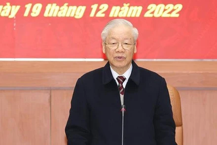 Tổng Bí thư Nguyễn Phú Trọng, Bí thư Quân ủy Trung ương, phát biểu kết luận hội nghị. (Ảnh: Trí Dũng/TTXVN)