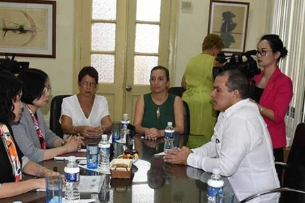 Tổng Giám đốc Thông tấn xã Việt Nam Vũ Việt Trang hội đàm với Chủ tịch Prensa Latina Luis Enrique González Acosta. (Ảnh: Mai Phương/Pv TTXVN tại La Habana)