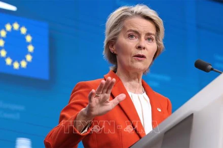 Chủ tịch Ủy ban Châu Âu (EC) Ursula von der Leyen trong cuộc họp báo tại Brussels, Bỉ ngày 17/10/2024. (Ảnh: THX/TTXVN)