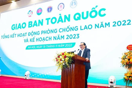 PGS, TS Nguyễn Viết Nhung - Giám đốc Bệnh viện Phổi Trung ương, Trưởng ban điều hành Chương trình Chống lao Quốc gia phát biểu lại buổi giao ban. 
