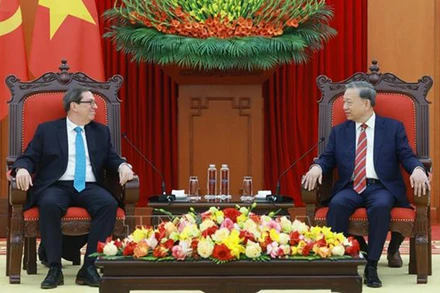 Tổng Bí thư Tô Lâm tiếp Bộ trưởng Ngoại giao Cuba Bruno Rodríguez Parrilla. (Ảnh: Thống Nhất/TTXVN)