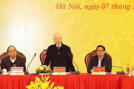 Tổng Bí thư Nguyễn Phú Trọng phát biểu chỉ đạo hội nghị. (Ảnh TTXVN )