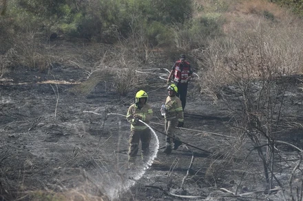 Lực lượng cứu hỏa nỗ lực dập lửa bùng phát sau vụ tấn công bằng tên lửa nhằm vào khu vực Lod, Israel. (Ảnh: THX/TTXVN)