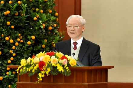 Tổng Bí thư Nguyễn Phú Trọng phát biểu chúc Tết Nguyên đán Giáp Thìn 2024. Ảnh: ĐĂNG KHOA