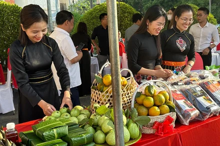 Gian hàng bày bán sản phẩm nông nghiệp của các hợp tác xã huyện Đình Hóa.