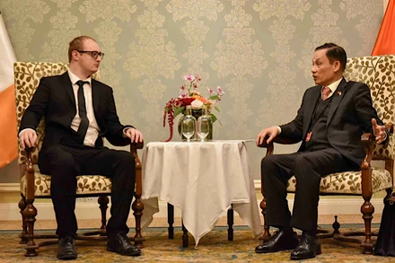 Bí thư Trung ương Đảng, Trưởng Ban Đối ngoại Trung ương Lê Hoài Trung tiếp, làm việc với Bí thư Trung ương phụ trách Đối ngoại Đảng Cộng sản Ireland Graham Harrington. (Ảnh: baoquocte)