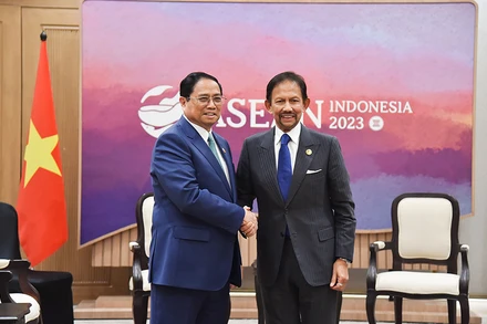 Thủ tướng Phạm Minh Chính và Quốc vương Brunei Darussalam Sultan Haji Hassanal Bolkiah. (Ảnh: TUẤN ANH)