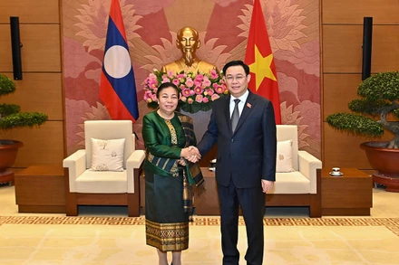 Chủ tịch Quốc hội Vương Đình Huệ vui mừng chào đón đồng chí Sounthon Xayachak, Phó Chủ tịch Quốc hội Lào.