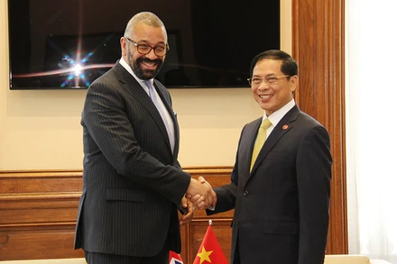 Bộ trưởng Bùi Thanh Sơn gặp Bộ trưởng Ngoại giao Anh James Cleverly. (Ảnh: KHẢI HOÀN)