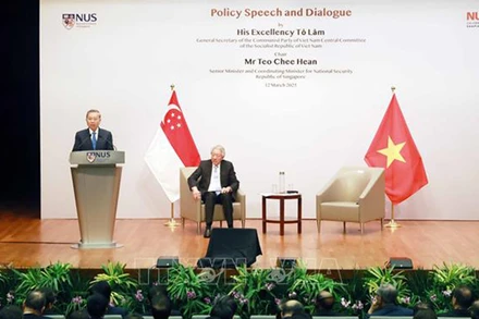 Tổng Bí thư Tô Lâm phát biểu chính sách tại Trường chính sách công Lý Quang Diệu, Đại học quốc gia Singapore. Ảnh: Thống Nhất/TTXVN