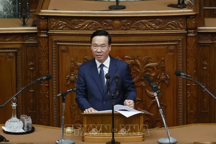 Chủ tịch nước Võ Văn Thưởng phát biểu trước Quốc hội Nhật Bản. (Ảnh: TTXVN)