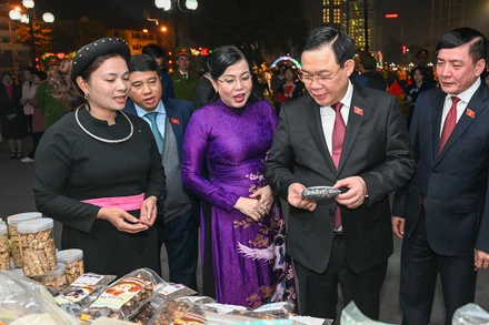 Chủ tịch Quốc hội Vương Đình Huệ và các đại biểu thăm khu trưng bày, giới thiệu sản phẩm nông nghiệp tỉnh Thái Nguyên. (Ảnh: DUY LINH)