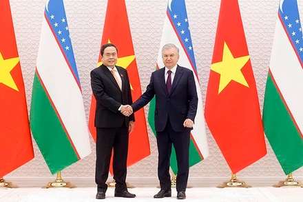 Chủ tịch Quốc hội Trần Thanh Mẫn hội kiến Tổng thống Uzbekistan Shavkat Mirziyoyev. (Ảnh: TTXVN)