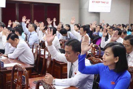 Các đại biểu Hội đồng nhân dân tỉnh Đồng Nai biểu quyết tại kỳ họp thứ 22 vào sáng 11/12.