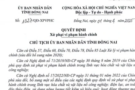 Quyết định xử phạt số 1027 của Chủ tịch Ủy ban nhân dân tỉnh Đồng Nai.