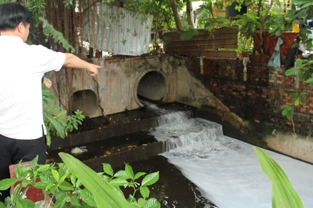 Nước gây sủi bọt phủ trắng dòng suối Bà Lúa từ cống tại khu vực tiếp giáp phường Long Bình Tân với phường An Bình, thành phố Biên Hòa.