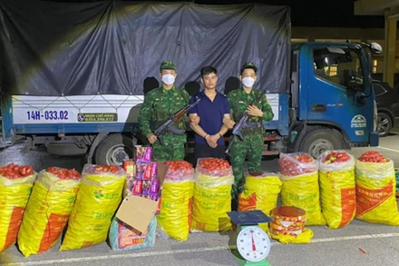 Cán bộ, chiến sĩ Bộ đội biên phòng tỉnh Quảng Ninh bắt giữ đối tượng vận chuyển pháo lậu qua biên giới. (Ảnh: Xuân Hùng)