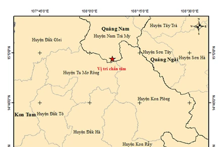 Bản đồ chấn tâm động đất tại khu vực huyện Nam Trà My, Quảng Nam.