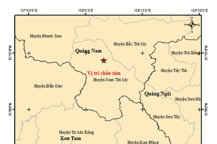 Bản đồ chấn tâm trận động đất ngày 25/2 tại khu vực huyện Nam Trà My.