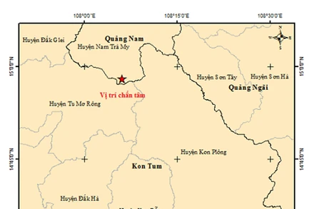 Vị trí chấn tâm trận động đất xảy ra tại huyện Nam Trà My, lúc 10 giờ 29 phút 28 giây ngày 9/10/2024.