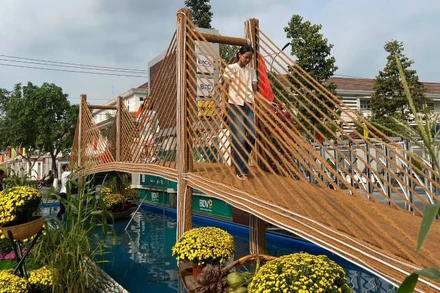 Cây cầu Rạch Miễu 2 làm bằng chất liệu chính từ chỉ xơ dừa tại vỉa hè Đại lộ Đồng Khởi (thành phố Bến Tre, tỉnh Bến Tre). (Ảnh: HOÀNG TRUNG)