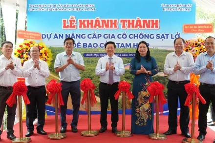 Đại biểu tham dự buổi Lễ thực hiện nghi thức khánh thành Dự án nâng cấp, gia cố chống sạt lở đê bao cồn Tam Hiệp. (Ảnh: HOÀNG TRUNG)