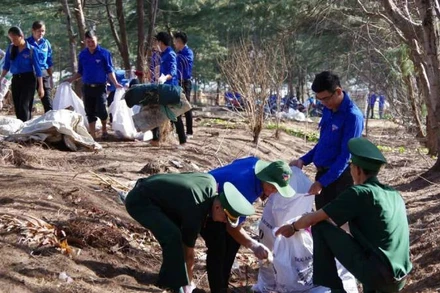 Lực lượng đoàn viên, thanh niên dọn dẹp rác bảo vệ môi trường biển. (Ảnh: HOÀNG TRUNG)