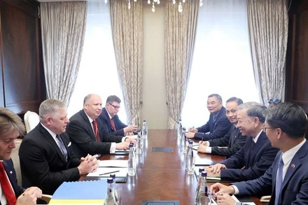 Tổng Bí thư Tô Lâm gặp Thủ tướng Slovakia Robert Fico. (Ảnh: Thống Nhất/TTXVN)