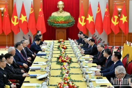 Quang cảnh hội đàm tại giữa Tổng Bí thư Tô Lâm và Tổng Bí thư, Chủ tịch Trung Quốc Tập Cận Bình tại Trụ sở Trung ương Đảng. (Ảnh: ĐĂNG KHOA/NHÂN DÂN)