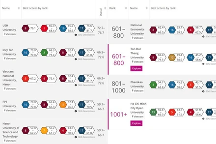 Thứ hạng các cơ sở giáo dục đại học Việt Nam trong bảng xếp hạng THE Impact Rankings năm 2023 (Nguồn: timeshighereducation.com) 