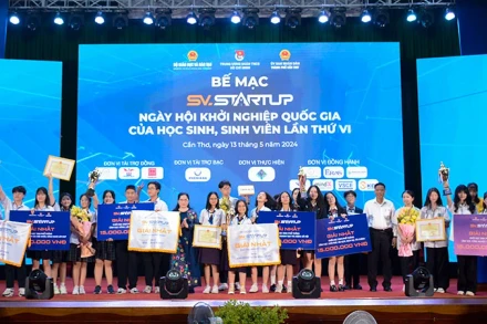 Trao thưởng các dự án đạt giải Nhất cuộc thi "Học sinh, sinh viên với ý tưởng khởi nghiệp" năm 2024. (Ảnh: MINH THU)