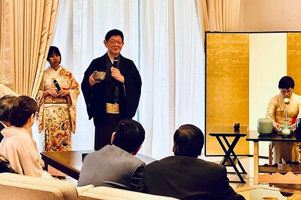 Buổi gặp gỡ, giao lưu trà đạo do Ðại sứ quán Nhật Bản tại Việt Nam tổ chức. (Ảnh TTXVN) 