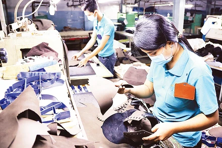 Hoàn thiện sản phẩm giày xuất khẩu tại Công ty cổ phần Tập đoàn Giày Gia Ðịnh, thành phố Thủ Ðức, Thành phố Hồ Chí Minh. (Ảnh HỒNG ÐẠT) 