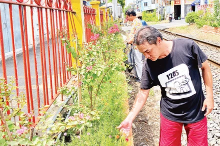 Người dân Khu phố 2, Phường 11, quận Phú Nhuận chăm sóc cây cảnh, thu gom rác góp phần làm sạch đẹp tuyến đường sắt nội đô. 