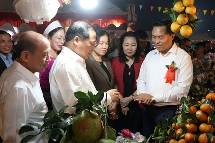 Các đồng chí lãnh đạo tỉnh Hòa Bình tham quan các gian hàng tại lễ hội.