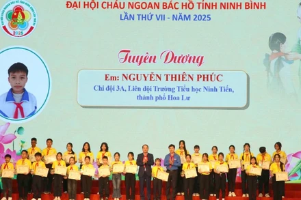 Đồng chí Mai Văn Tuất, Phó Bí thư Thường trực Tỉnh ủy, Chủ tịch Hội đồng nhân dân tỉnh Ninh Bình và đồng chí Lê Hải Long, Trưởng Ban Công tác Thiếu nhi Trung ương Đoàn, Phó Chủ tịch Thường trực Hội đồng Đội Trung ương trao tặng Giấy chứng nhận và biểu trưng Cháu ngoan Bác Hồ cho các đội viên thiếu nhi tiểu biểu của tỉnh Ninh Bình. 