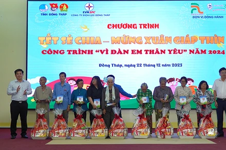 Chủ tịch Ủy ban nhân dân huyện Tháp Mười Đoàn Thanh Bình và Phó Giám đốc Công ty Điện lực Đồng Tháp Nguyễn Chí Thanh trao tặng quà. (Ảnh: HỮU NGHĨA)