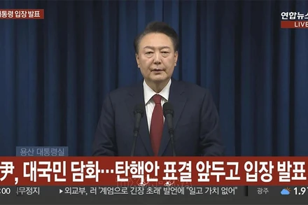 Tổng thống Hàn Quốc Yoon Suk Yeol phát biểu ngày 7/12/2024. (Ảnh: Kyodo/TTXVN)