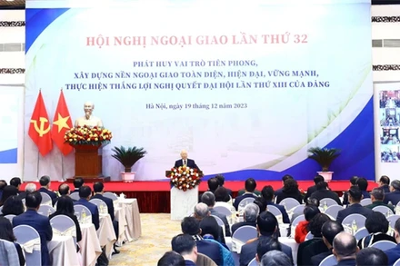 Tổng Bí thư Nguyễn Phú Trọng phát biểu chỉ đạo tại Hội nghị Ngoại giao lần thứ 32. (Ảnh: TTXVN)