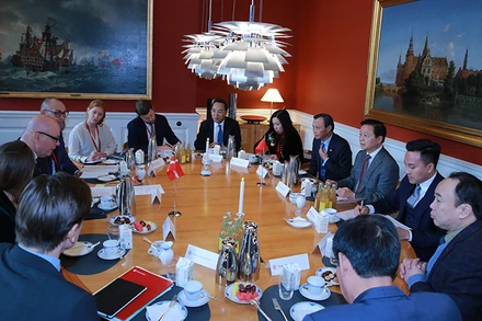 Phó Thủ tướng Trần Hồng Hà hội kiến với Chủ tịch Quốc hội Đan Mạch Soren Gade. (Ảnh: VGP)