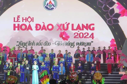 Các văn nghệ sĩ tham gia tiết mục biểu diễn khai mạc lễ hội hoa đào xứ Lạng năm 2024.