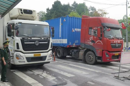 Các xe chở hàng hóa, chờ làm thủ tục thông quan qua cửa khẩu quốc tế Hữu Nghị, Cao Lộc, (Lạng Sơn). 