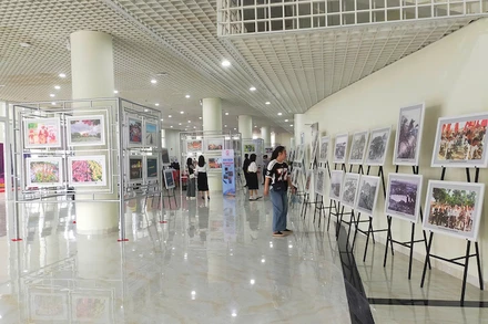 Du khách ngắm những bức tranh đang được trưng bày.