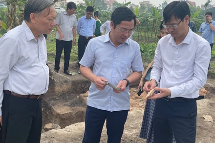 Đoàn cán bộ khảo cổ của Trung ương và lãnh đạo Sở Văn hóa, Thể thao và Du lịch Hải Dương tại vị trí thăm dò, khảo cổ di tích Thành Dền.