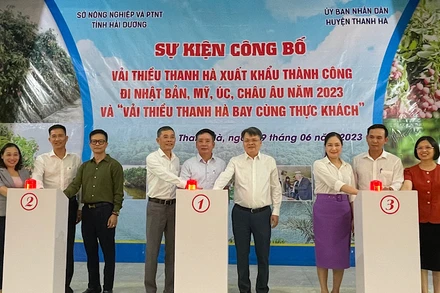 Các đại biểu bấm nút xuất khẩu vải thiều Thanh Hà đi các nước: Nhật Bản, Mỹ, Australia, châu Âu.