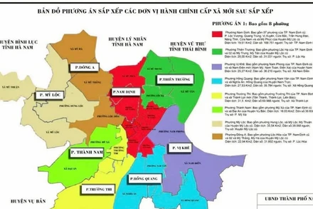Bản đồ phương án sắp xếp và tên gọi đơn vị hành chính cấp xã mới sau sắp xếp của thành phố Nam Định, tỉnh Nam Định. (Ảnh: Thành phố Nam Định)