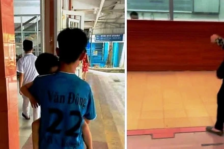 Hình ảnh cháu bé (trái) được đưa đến cấp cứu tại Bệnh viện Đa khoa tỉnh Nam Định. (Ảnh cắt từ video đăng trên mạng xã hội).
